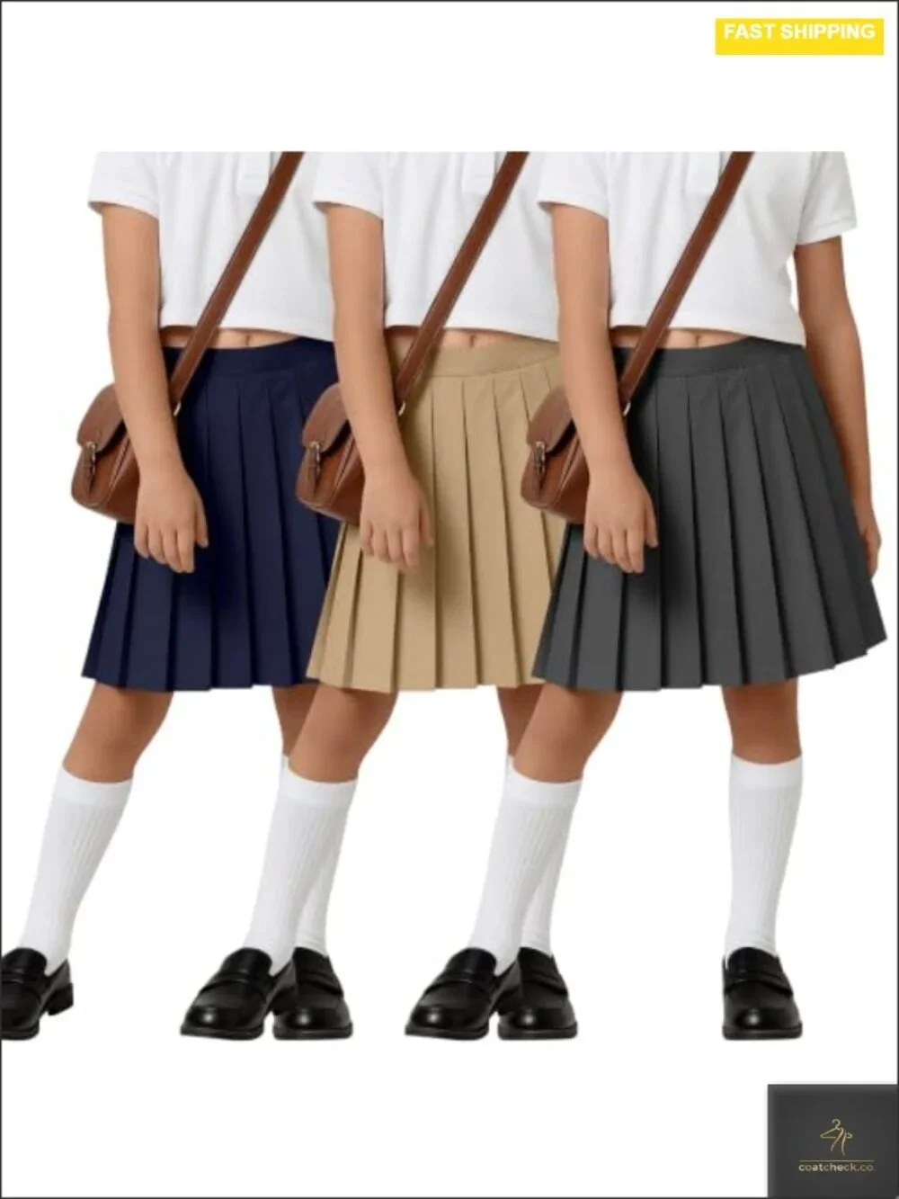 3pk Girls Pleated Knee-Length Skirts School Uniform Side Zipper Adjustable Waist